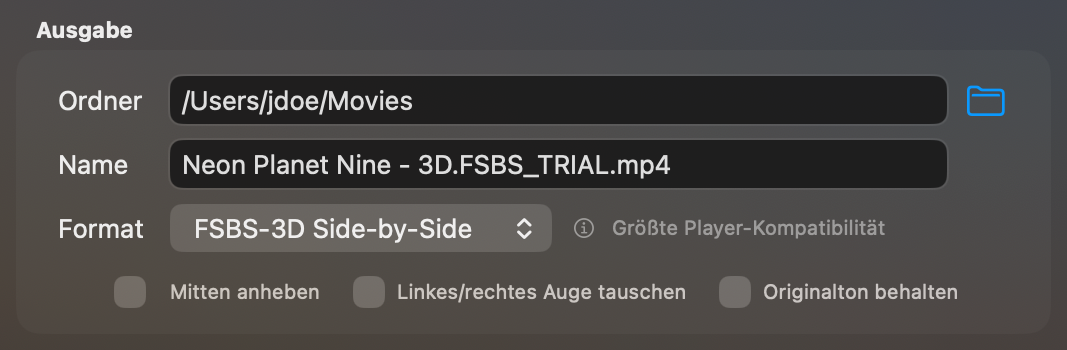 Der Bereich „Ausgabe“ mit Ordner, Name, Format und den drei Kästchen
