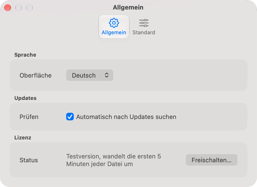Der Tab Allgemein mit den Gruppen Sprache, Updates und Lizenz