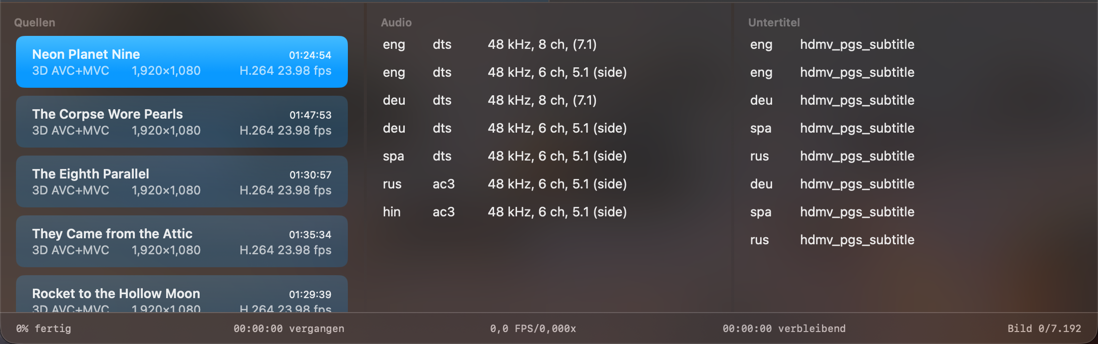 Die Liste Quellen mit den Filmen, die umgewandelt werden, und ihren Spuren