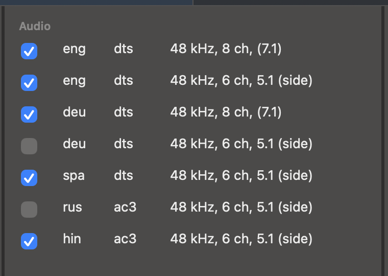 The Audio list with a checkbox beside each track