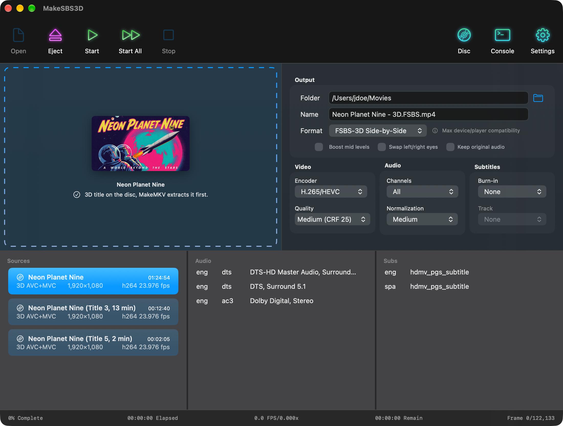 The 3D titles of a disc listed in the Sources panel with cover art
