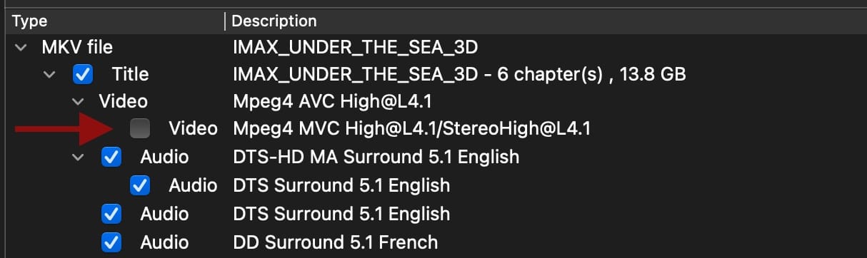 MakeMKV's title list with the Mpeg4 MVC video track checked