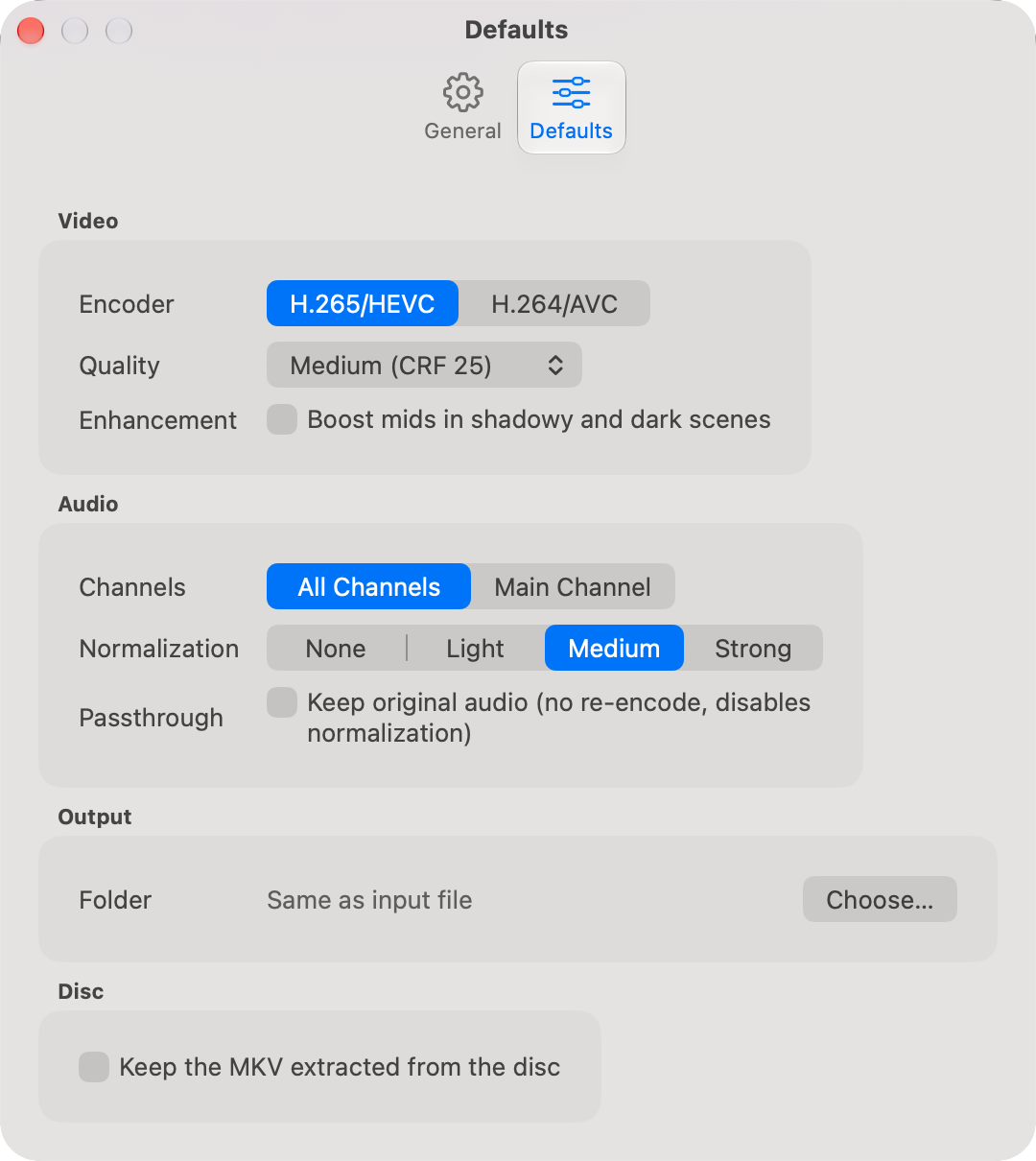 The Defaults tab with its Video, Audio, Output, and Disc groups