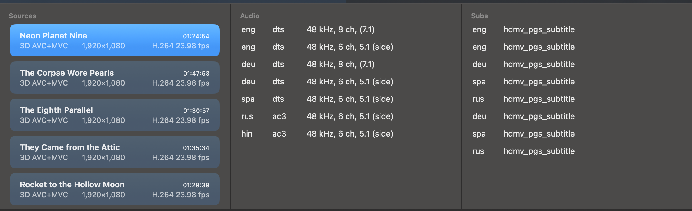 The Sources list with the movies to convert and their tracks