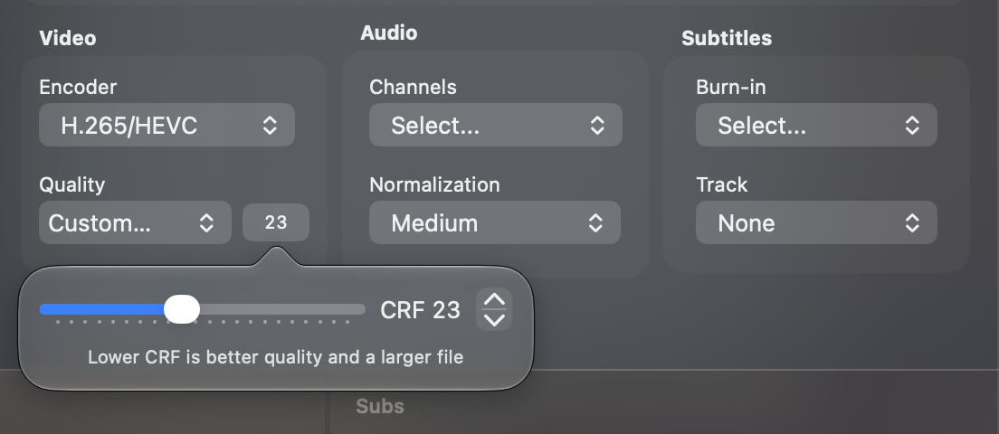The Custom CRF popover with a slider set to 21