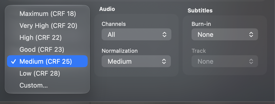 The Quality menu with its presets from Maximum to Low and Custom…