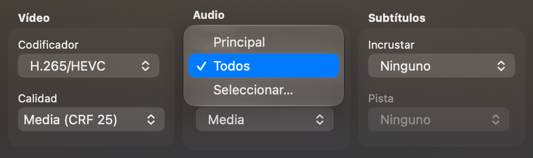 La sección Audio con el menú Canales abierto: Principal, Todos, Seleccionar…