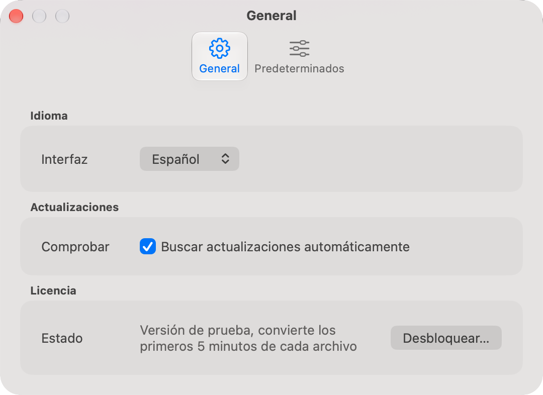 La pestaña General con los grupos Idioma, Actualizaciones y Licencia