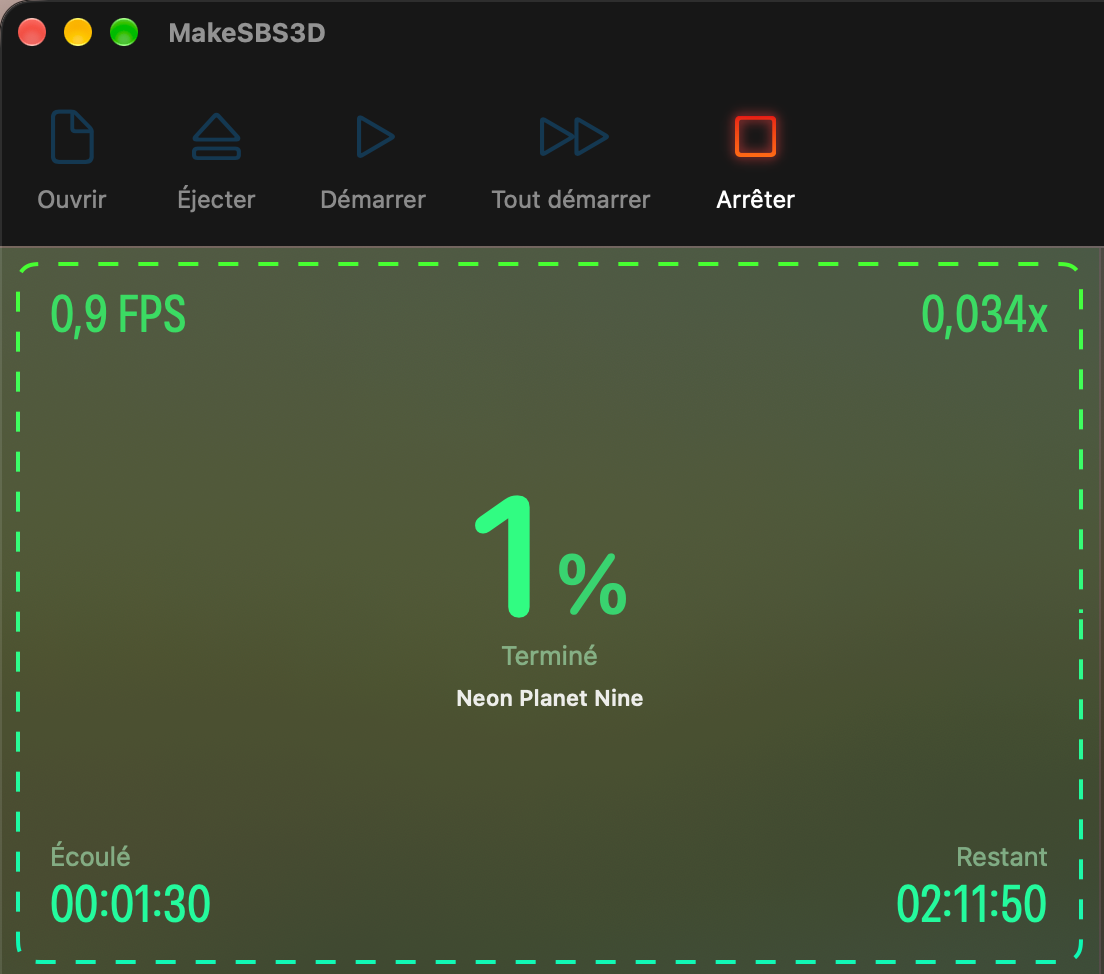 Une conversion en cours avec la progression dans le panneau de gauche