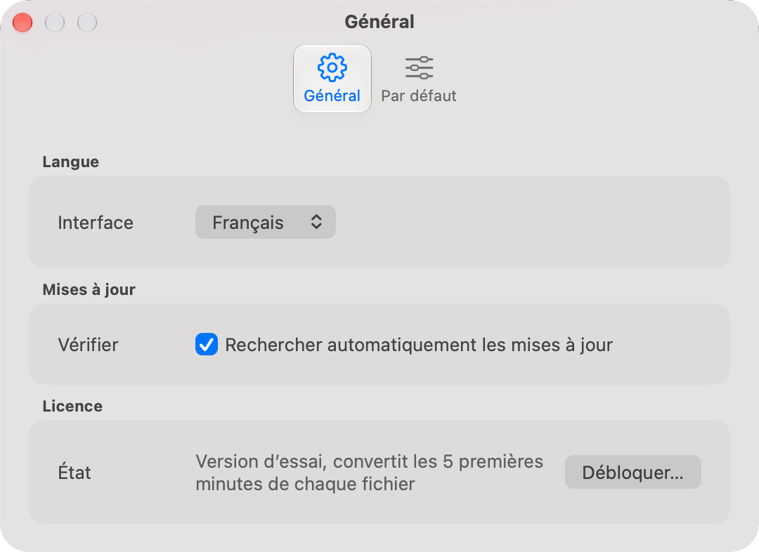 L’onglet Général avec les groupes Langue, Mises à jour et Licence