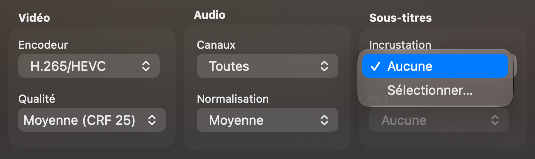La section Sous-titres avec Incrustation réglée sur Sélectionner… et un menu Piste