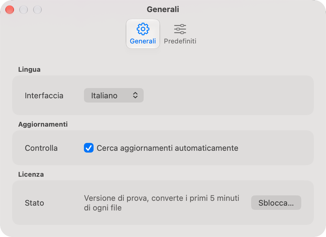 La scheda Generali con i gruppi Lingua, Aggiornamenti e Licenza