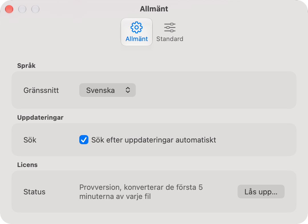 Fliken Allmänt med grupperna Språk, Uppdateringar och Licens