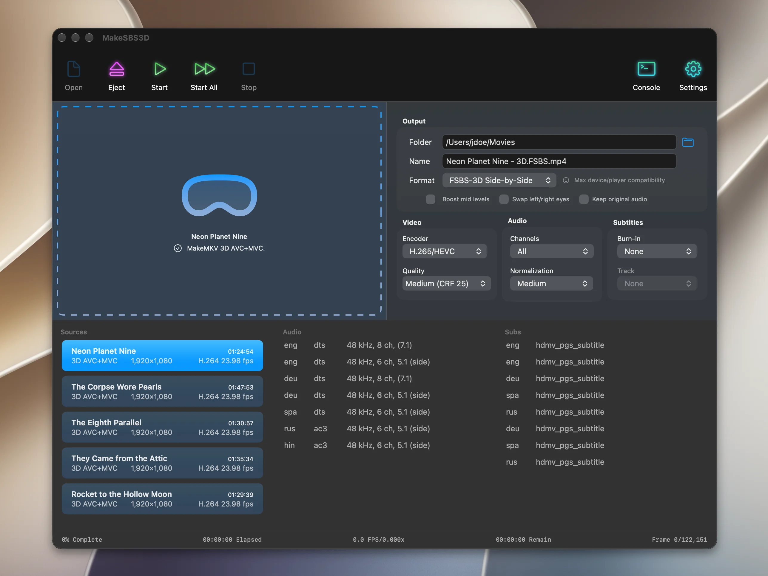 The MakeSBS3D window with five 3D movies queued and the audio and subtitle tracks of the selected one