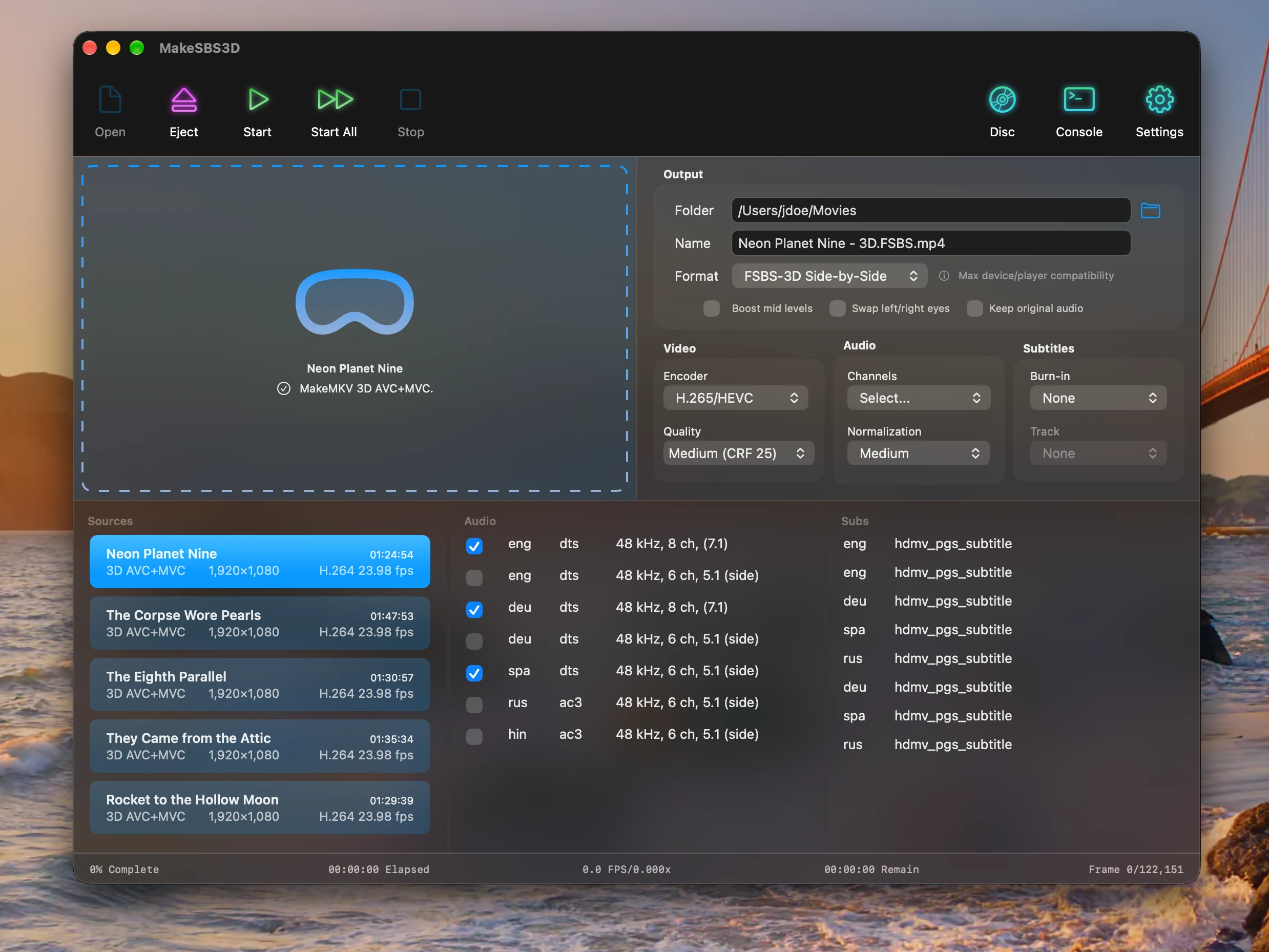 The MakeSBS3D window with five 3D movies queued, the audio and subtitle tracks of the selected one, and the Disc button in the toolbar